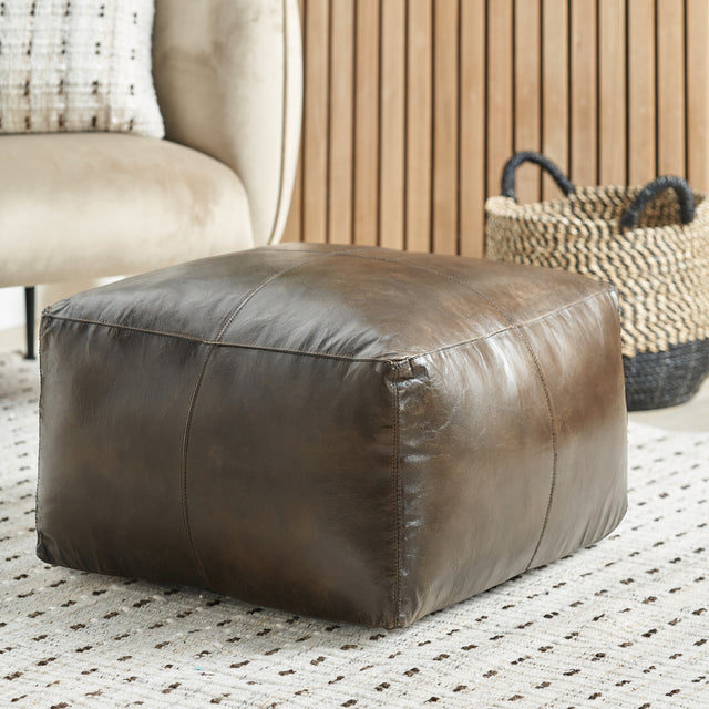 Leandro Peppercorn Leather Square Pouffe