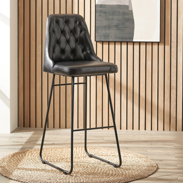 Abriana Vintage Ash Black Leather Bar Stool