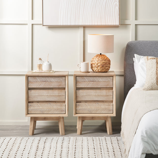 Herning Sand Wash Acacia Wood 3 Drawer Bedside Table Set Of 2