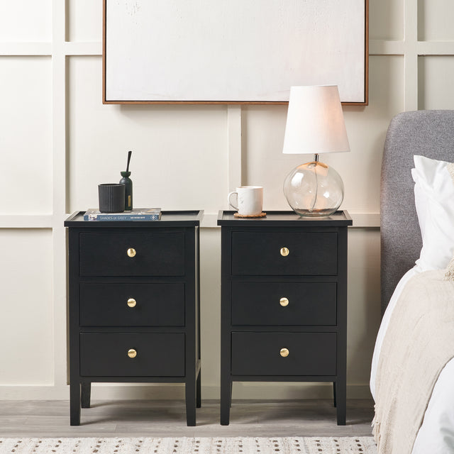 Bloomsbury Satin Black Pine Wood 3 Drawer Bedside Table Set Of 2