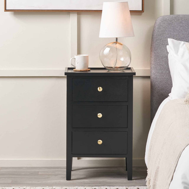 Bloomsbury Satin Black Pine Wood 3 Drawer Bedside Unit