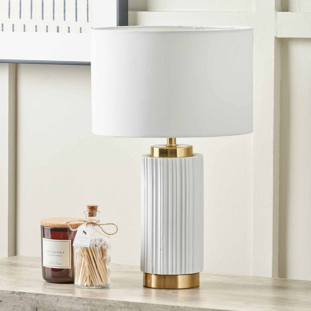 Corinthia White Textured Ceramic and Gold Metal Table Lamp