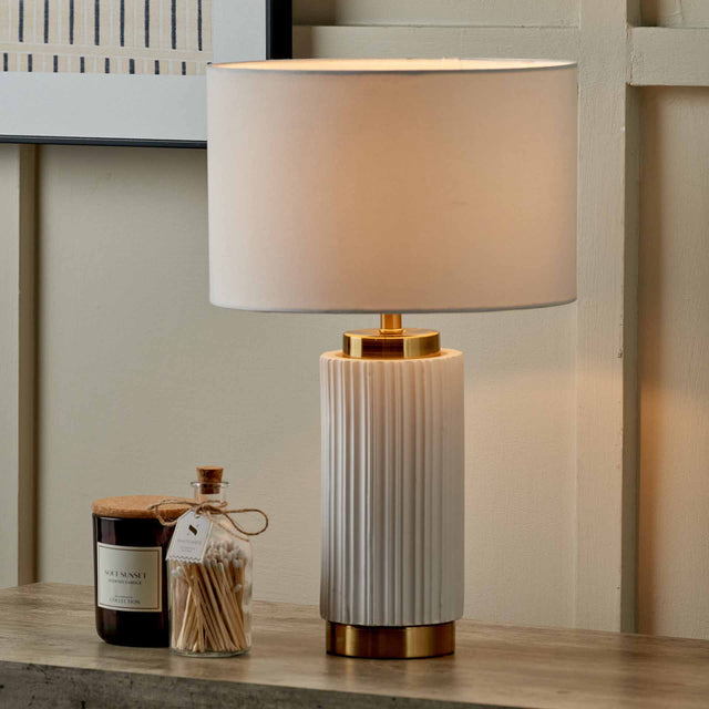 Corinthia White Textured Ceramic and Gold Metal Table Lamp