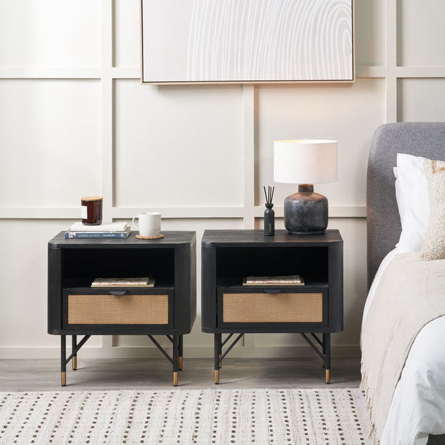 Nawi Black and Natural Rattan Bedside Table Set Of 2