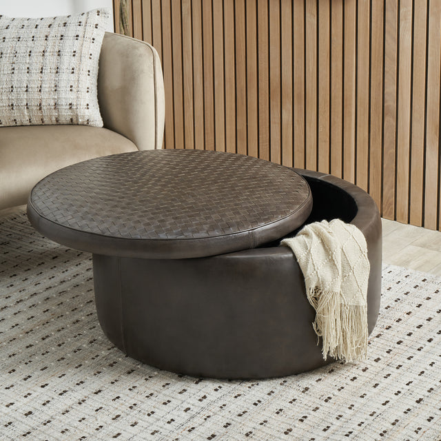 Luis Peppercorn Leather Storage Pouffe