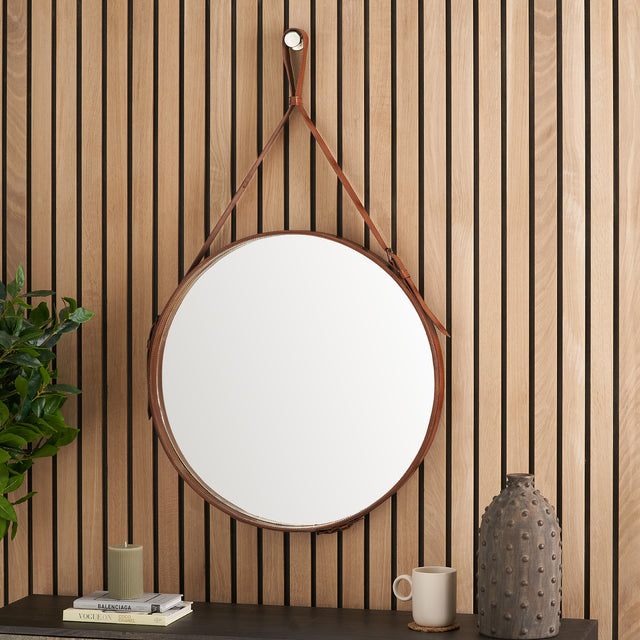 Otto Vintage Brown Leather Frame Round Wall Mirror