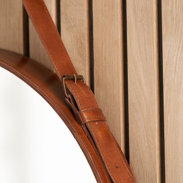 Otto Vintage Brown Leather Frame Round Wall Mirror
