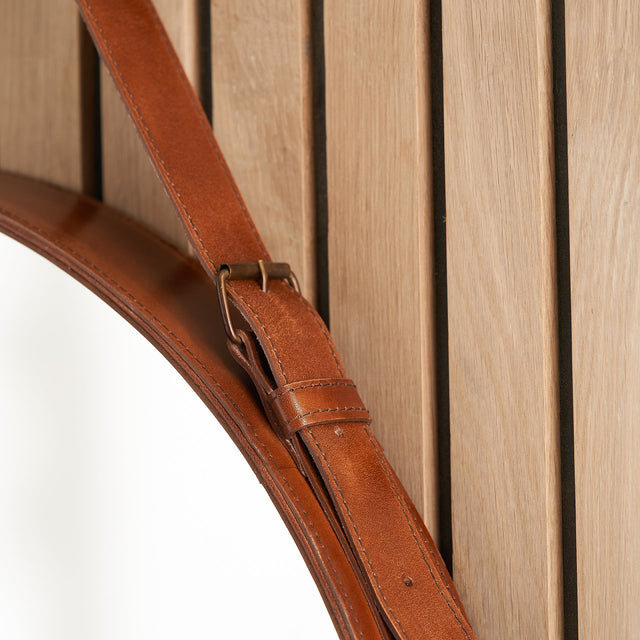 Otto Vintage Brown Leather Frame Round Wall Mirror