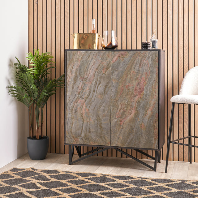 Dasia Black Mango Wood and Stone Veneer Bar Cabinet