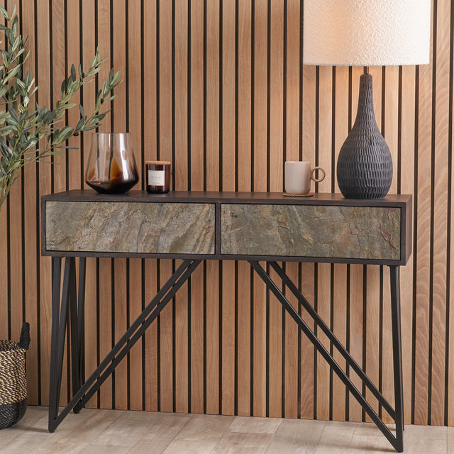 Dasia Black Mango Wood and Stone Veneer Console Table