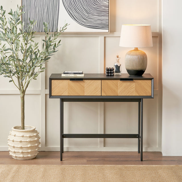 Rhylie Black and Natural Chevron Oak Wood Console Table