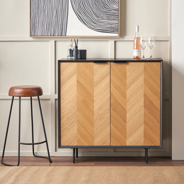 Rhylie Black and Natural Chevron Oak Wood Bar Cabinet