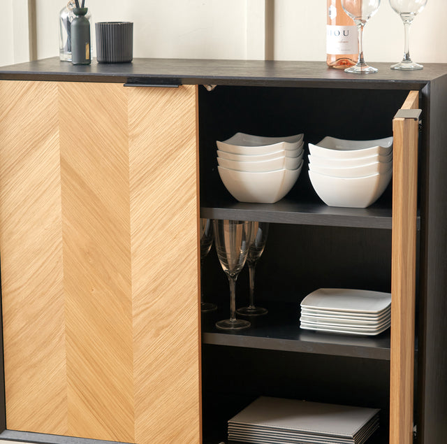 Rhylie Black and Natural Chevron Oak Wood Bar Cabinet