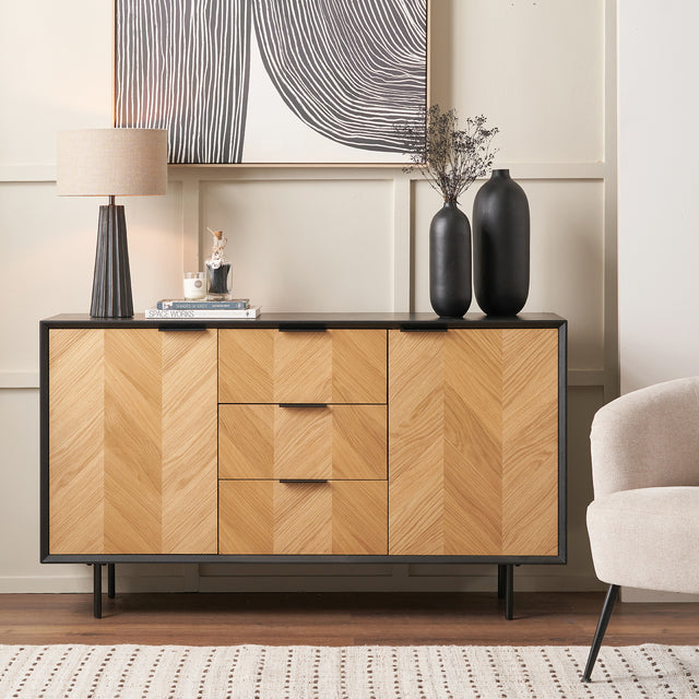 Rhylie Black and Natural Chevron Oak Wood Sideboard
