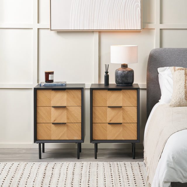Rhylie Black and Natural Chevron Oak Wood Bedside Table Set Of 2