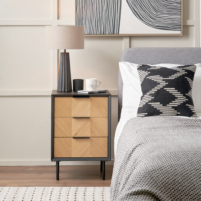Rhylie Black and Natural Chevron Oak Wood Drawer Unit
