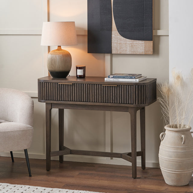 Reya Dark Brown Ribbed Oak Wood Console Table