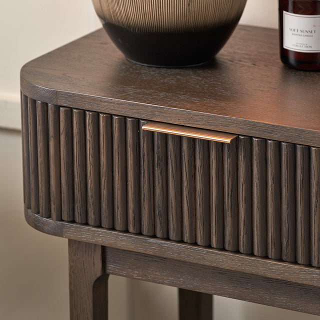 Reya Dark Brown Ribbed Oak Wood Console Table