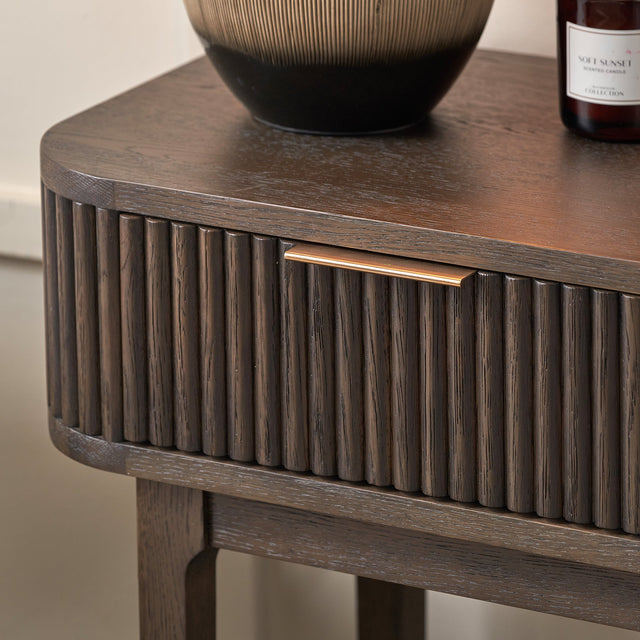 Reya Dark Brown Ribbed Oak Wood Console Table