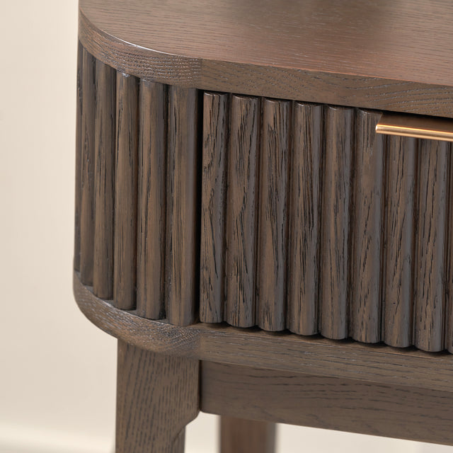 Reya Dark Brown Ribbed Oak Wood Bedside Table Set Of 2