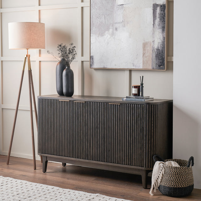 Reya Dark Brown Ribbed Oak Wood Sideboard