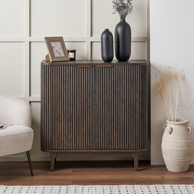 Reya Dark Brown Ribbed Oak Wood Bar Cabinet