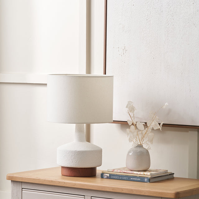 Eli White and Wood Effect Textured Ceramic Table Lamp