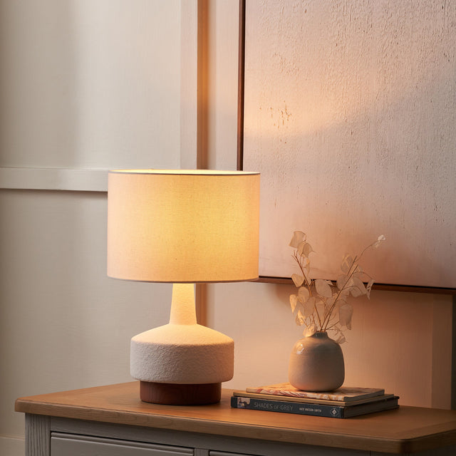 Eli White and Wood Effect Textured Ceramic Table Lamp