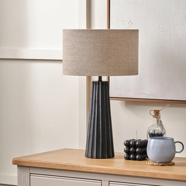Dorian Black Wash Mango Wood Textured Cone Table Lamp