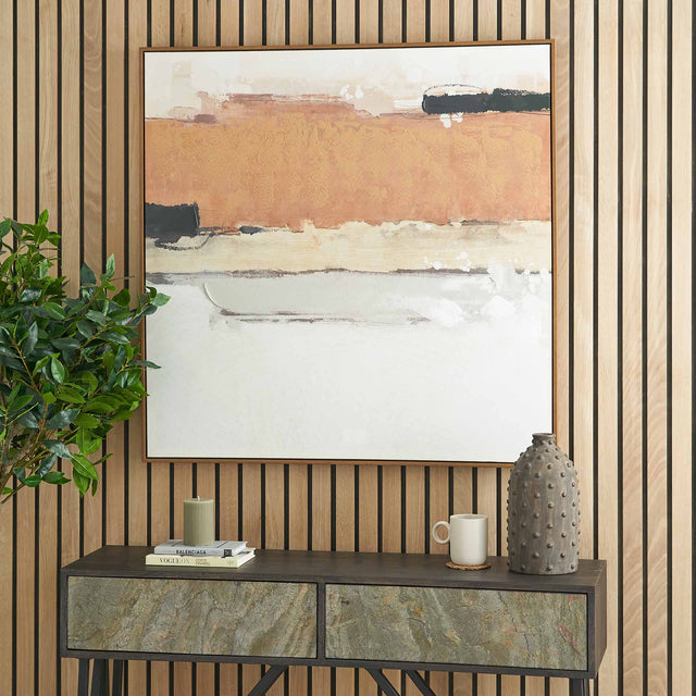Ember White and Terracotta Abstract Canvas with Oak Effect Frame