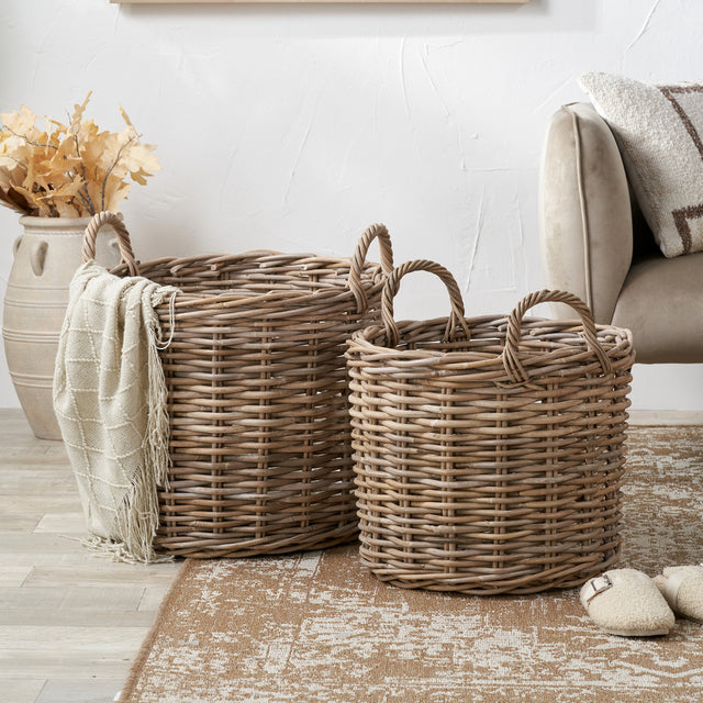 Sari Grey Rattan Round Log Baskets S/2