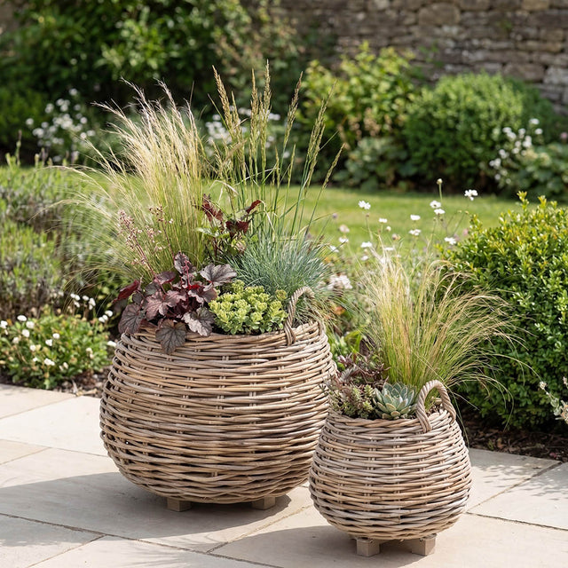 Bayan Indoor Outdoor Grey Kubu Bulbous Basket Planters S/2