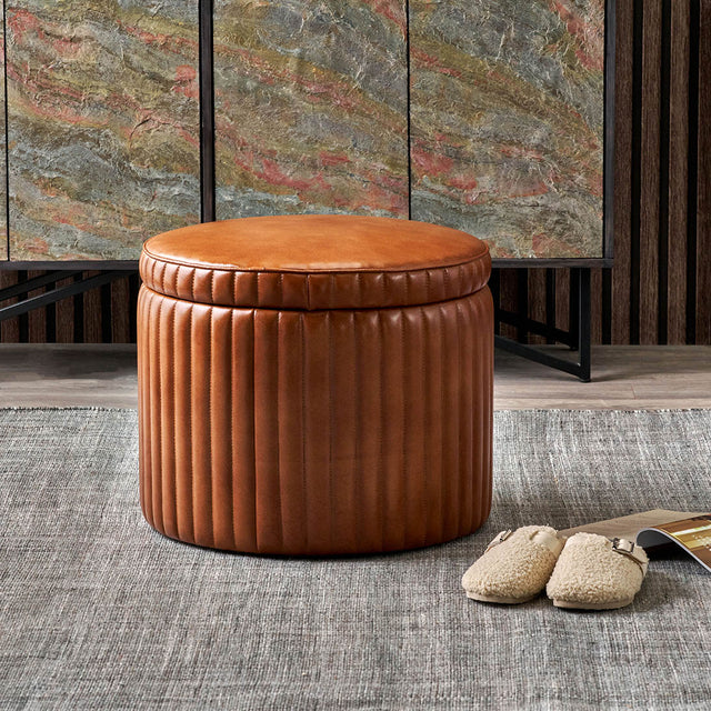 Josias Vintage Brown Leather Round Storage Pouffe
