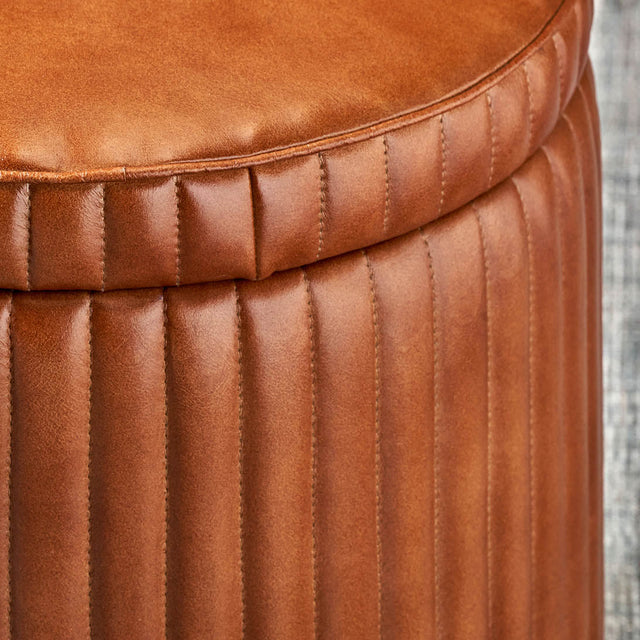 Josias Vintage Brown Leather Round Storage Pouffe