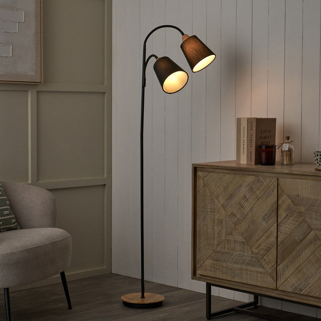 Jaya Black and Natural Wood Two Head Floor Lamp