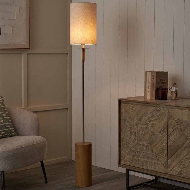 Benton Natural Wood Veneer and Silver Floor Lamp