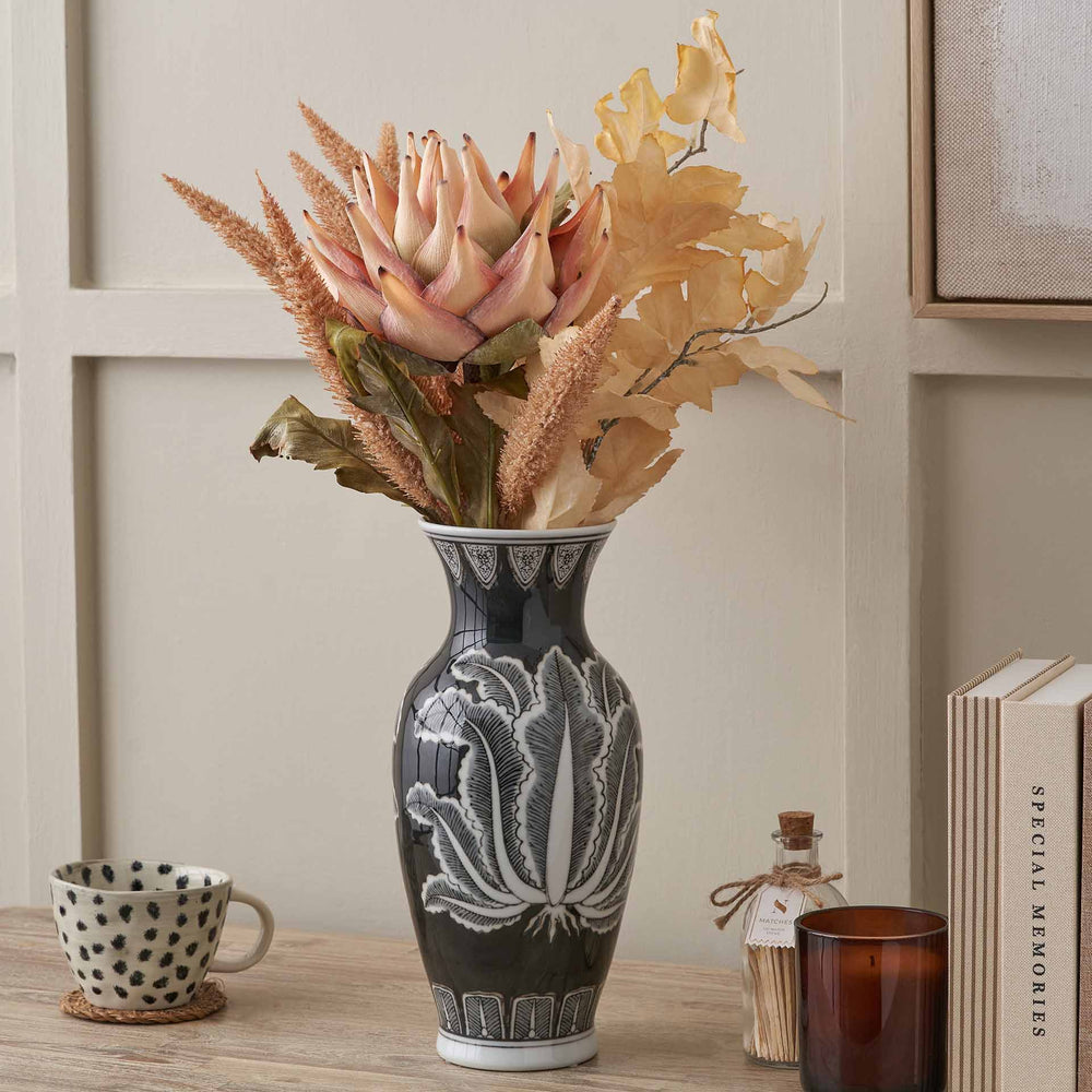 Oria Black and White Feather Ceramic Urn Vase