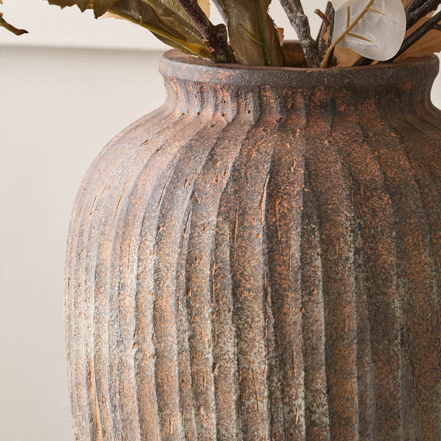 Caleb Rustic Brown Fibrestone Ribbed Decorative Vase Tall