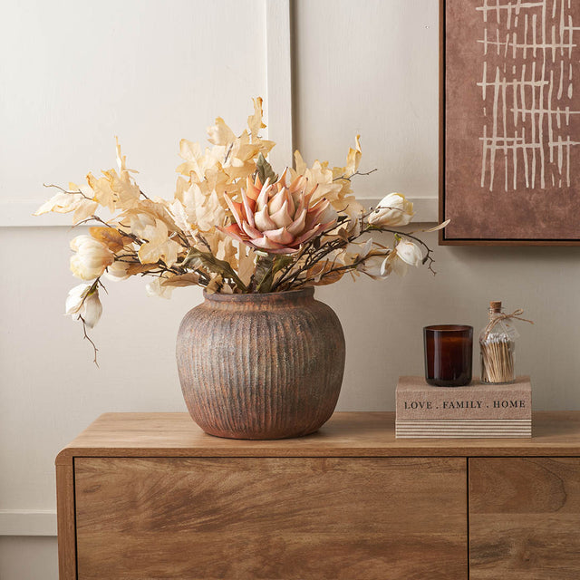 Caleb Rustic Brown Fibrestone Ribbed Decorative Vase