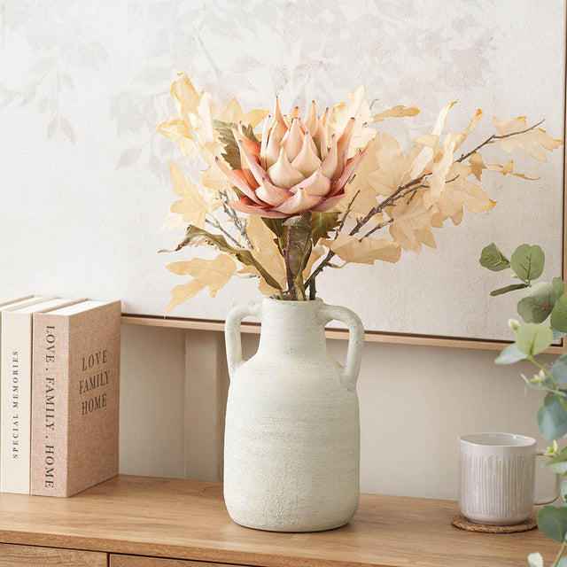 Amos White Textured Terracotta Decorative Vase with Handles Medium