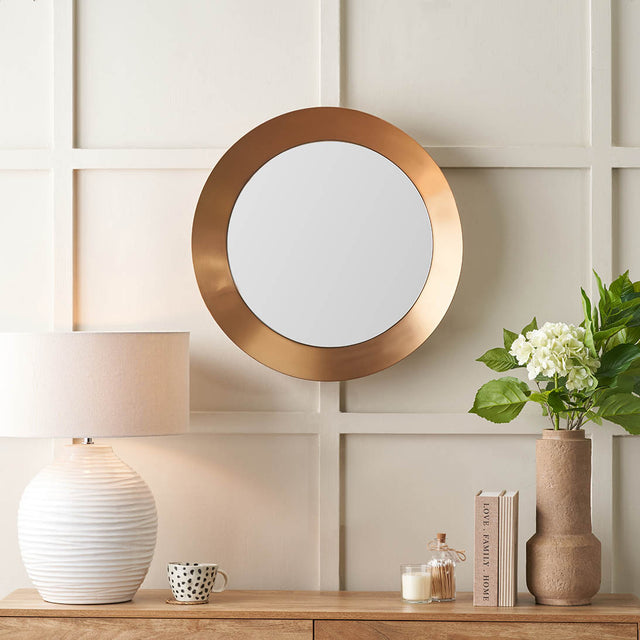 Mirra Burnished Gold Metal Angled Frame Round Mirror