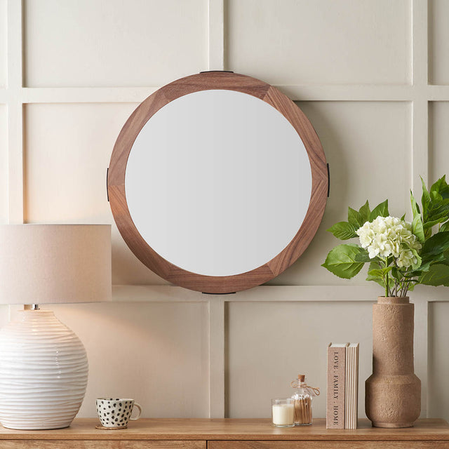 Elmont Light Walnut Wood Veneer Round Wall Mirror