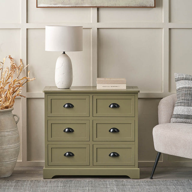 Stockton Olive Green Wood 6 Drawer Unit