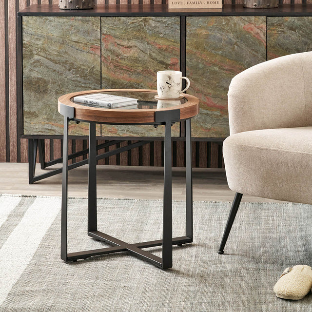 Elmont Clear Glass and Light Walnut Wood Veneer Side Table