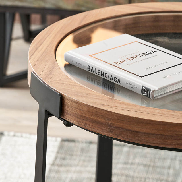 Elmont Clear Glass and Light Walnut Wood Veneer Side Table