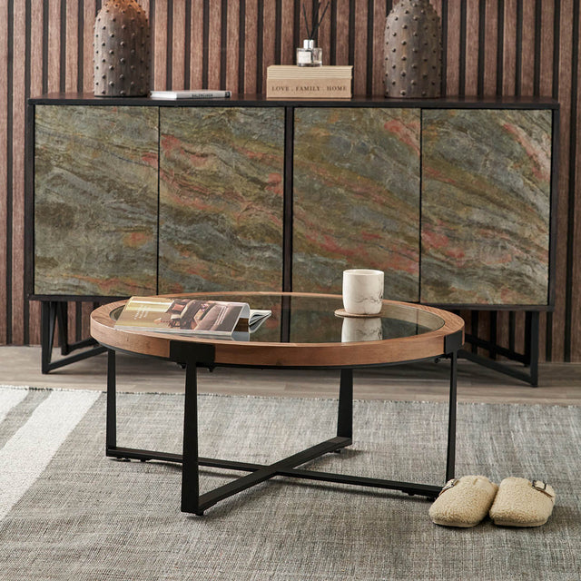 Elmont Clear Glass and Light Walnut Wood Veneer Coffee Table