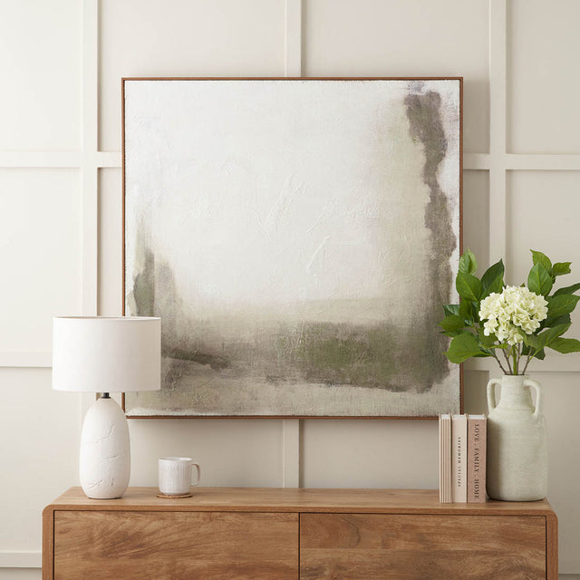 Vika Green and Natural Abstract Square Hessian Canvas with Oak Effect Frame