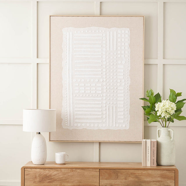 Inga White and Natural Abstract Design Linen Canvas with Elm Effect Frame