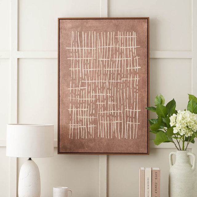 Linea Brown and Natural Abstract Linear Design Canvas with Oak Effect Frame