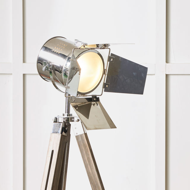 Bampton Grey Wood & Silver Metal Film Tripod Floor Lamp